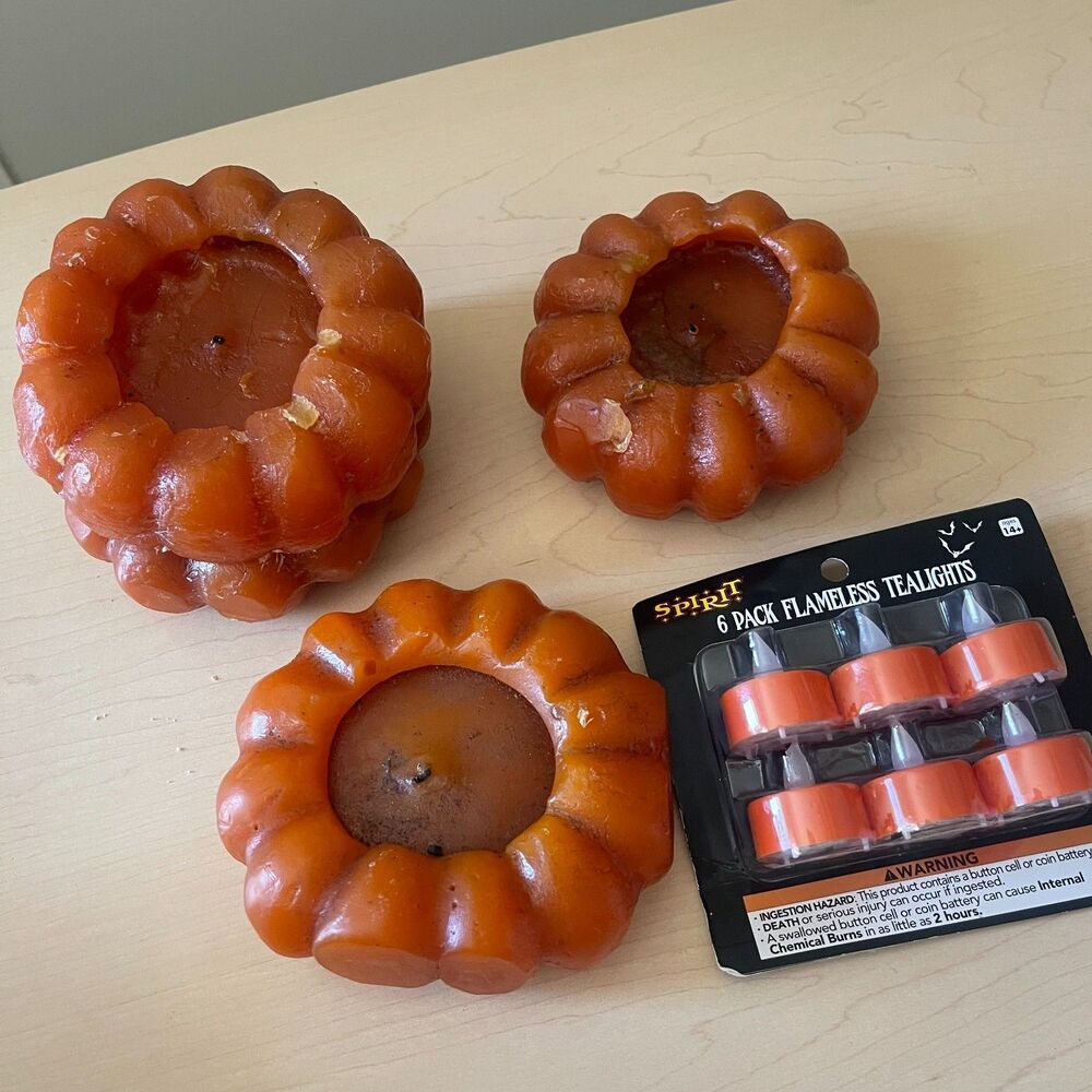 4 Pier 1 Imports 5" Pumpkin Candles + 6 Small orange LED Candle Lights